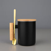 Ceramic Coffee Mug with Bamboo Lid, Wooden Handle and Spoon