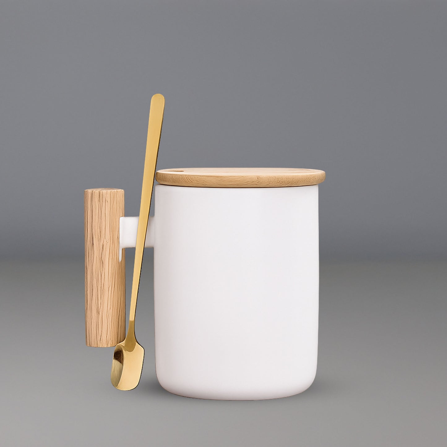 Ceramic Coffee Mug with Bamboo Lid, Wooden Handle and Spoon