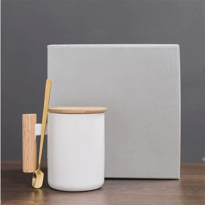 Ceramic Coffee Mug with Bamboo Lid, Wooden Handle and Spoon