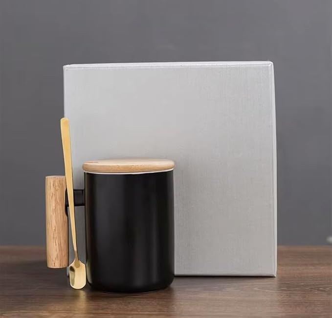 Ceramic Coffee Mug with Bamboo Lid, Wooden Handle and Spoon