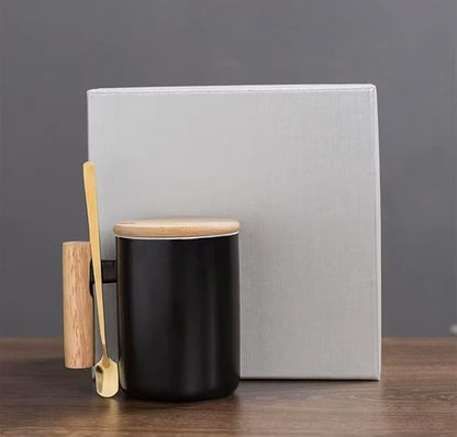 Ceramic Coffee Mug with Bamboo Lid, Wooden Handle and Spoon