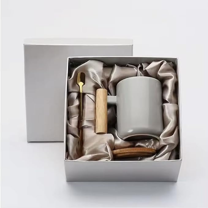 Ceramic Coffee Mug with Bamboo Lid, Wooden Handle and Spoon