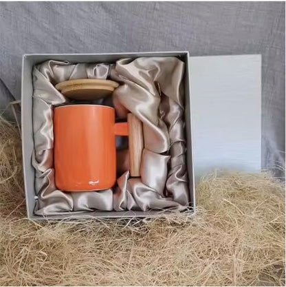 Ceramic Coffee Mug with Bamboo Lid, Wooden Handle and Spoon